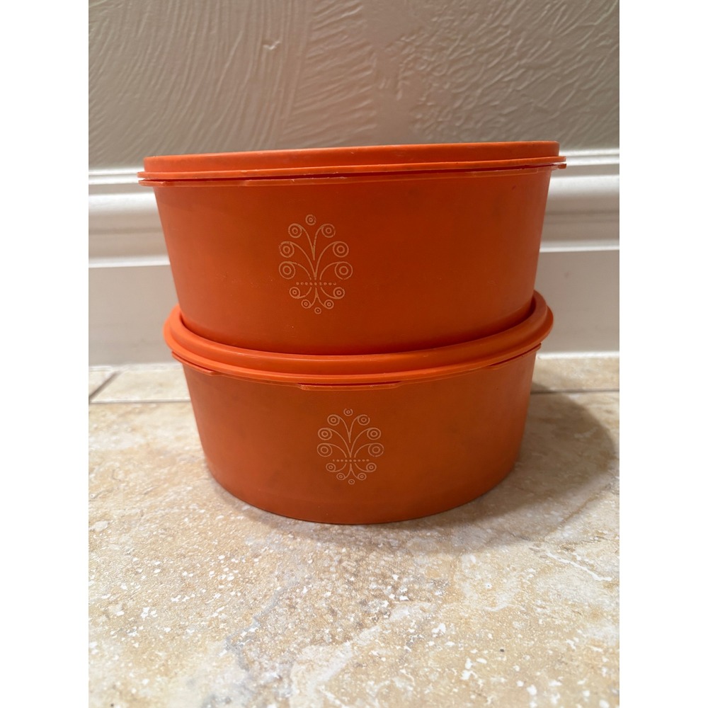 Vintage Tupperware Orange Servalier Bowls with Sunburst Lids Set of 2
